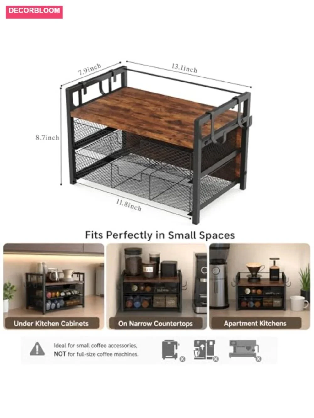 Rustic Brown Coffee Station Organizer with 2 Drawers and Hooks, Holds 36 K